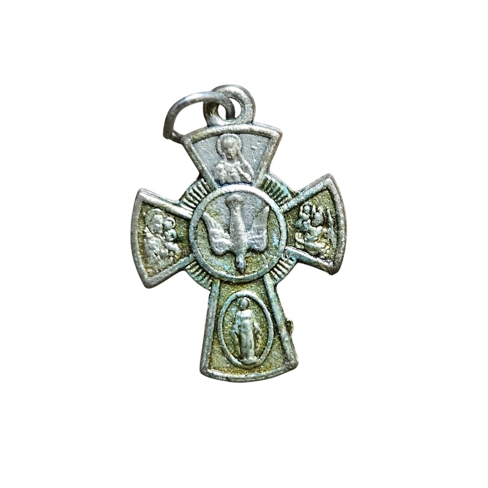 Vintage Pewter Catholic 4 Way Medal Cross Pendant Charm Cruciformβ Holy Spirit